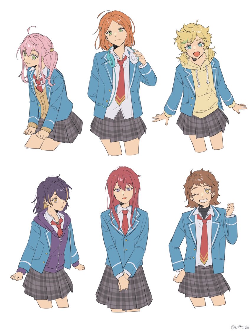 6+girls, ahoge, aoi_yuta, black_skirt, blazer, blonde_hair, blue_eyes, blue_jacket