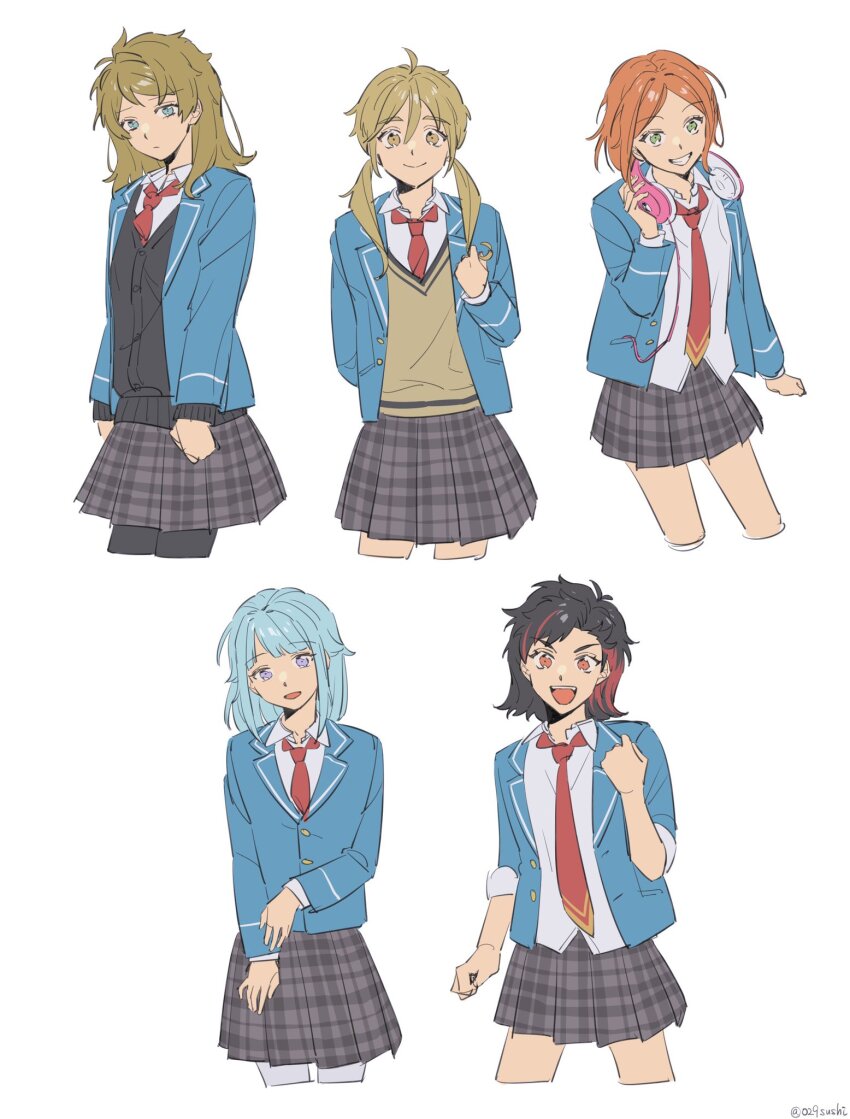 5girls, aoi_hinata, black_hair, black_skirt, blazer, blonde_hair, blue_hair, blue_jacket