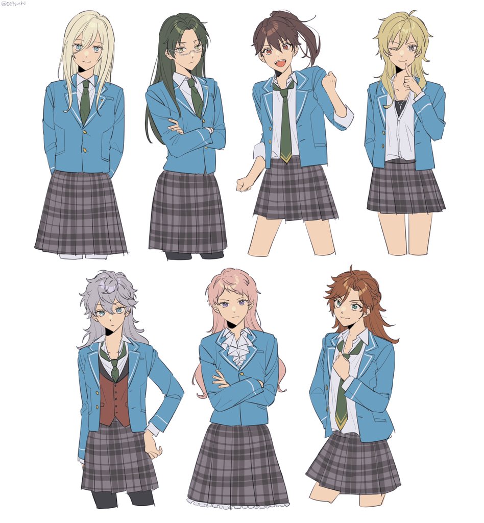 6+girls, blazer, blonde_hair, blue_eyes, blue_jacket, blue_necktie, brown_eyes, brown_hair