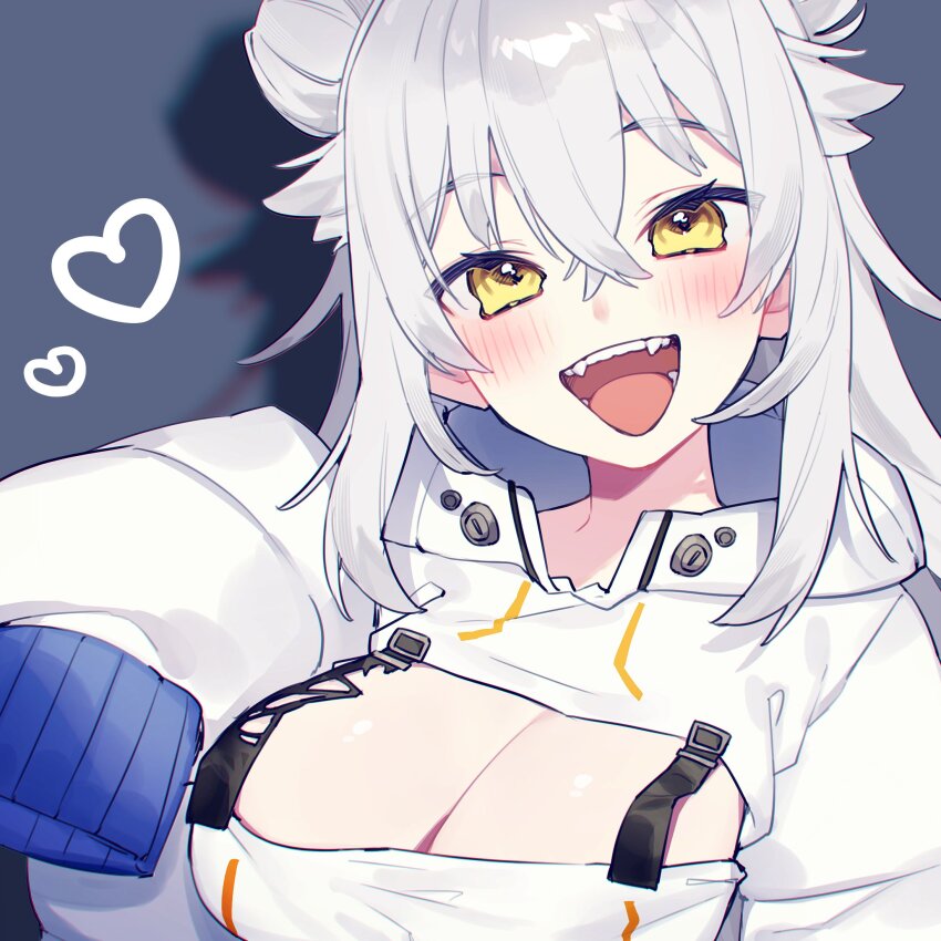 1girl, :d, blue_background, blush, breasts, chiyomaru_(yumichiyo0606), cleavage_cutout, clothing_cutout