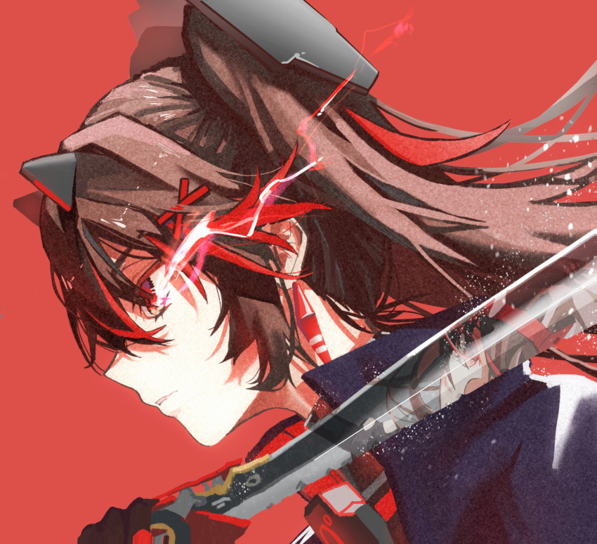 1girl, alkaline, black_coat, brown_hair, chinese_commentary, coat, commentary, dual_persona, earrings, fake_horns, flaming_eye, from_side, hair_between_eyes, hair_ornament, headgear, highres, holding, holding_sword, holding_weapon, horns, jewelry, light_particles, lucia:_dawn_(pgr), lucia:_plume_(pgr), lucia_(pgr), multicolored_hair, portrait, profile, punishing:_gray_raven, red_background, reflective_weapon, solo, streaked_hair, sword, twintails, two-sided_fabric, weapon, x_hair_ornament