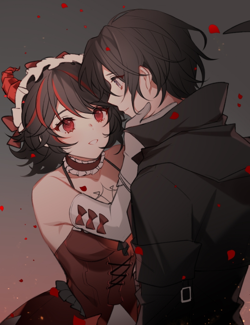 1boy, 1girl, bare_shoulders, black_coat, black_hair, bow, chest_tattoo, chinese_commentary