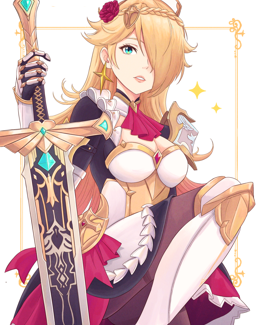 1girl, absurdres, armor, ascot, black_dress, braid, breastplate, breasts, cleavage, commentary, cosplay, dress, english_commentary, flower, genshin_impact, greaves, hair_flower, hair_ornament, highres, holding, holding_sword, holding_weapon, laura_faye_smith, looking_at_viewer, mario_(series), medium_breasts, nintendo, noelle_(genshin_impact), noelle_(genshin_impact)_(cosplay), parted_lips, pink_lips, red_ascot, red_flower, red_rose, rosalina, rose, solo, sword, truejekart, voice_actor_connection, weapon, white_background