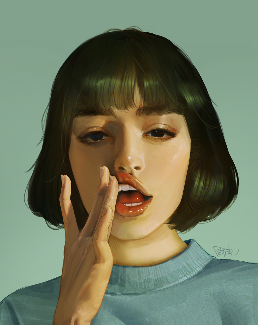 1girl, black_hair, blue_eyes, blunt_bangs, bob_cut, fingernails, grey_background, grey_sweater