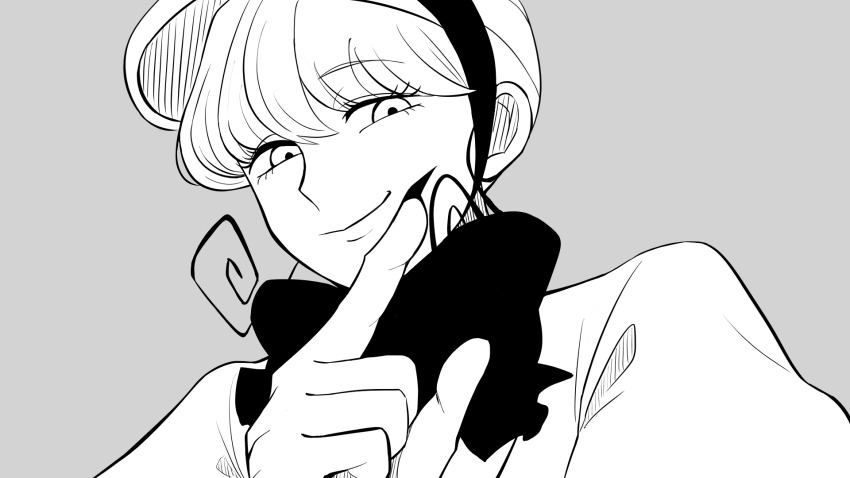 1girl, black_nails, bow, fabricant_number_100, greyscale, highres, jinzou_ningen_100, looking_at_viewer