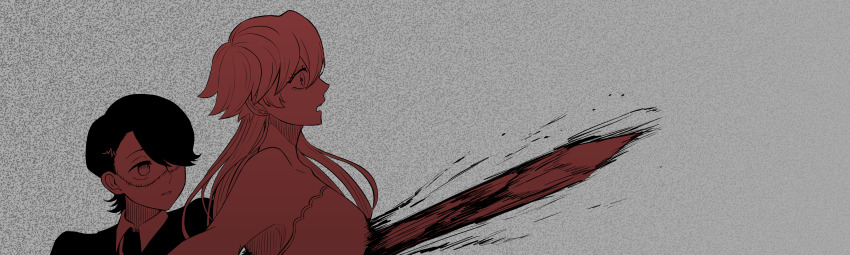 2girls, absurdres, bare_shoulders, betrayal, black_hair, dress, fabricant_singer, grey_background, hair_over_one_eye, highres, impaled, jinzou_ningen_100, long_hair, mannma17, motion_blur, multiple_girls, necktie, open_mouth, red_theme, roxy_(fabricant_100), spoilers, stab, stitched_face, stitches, upper_body