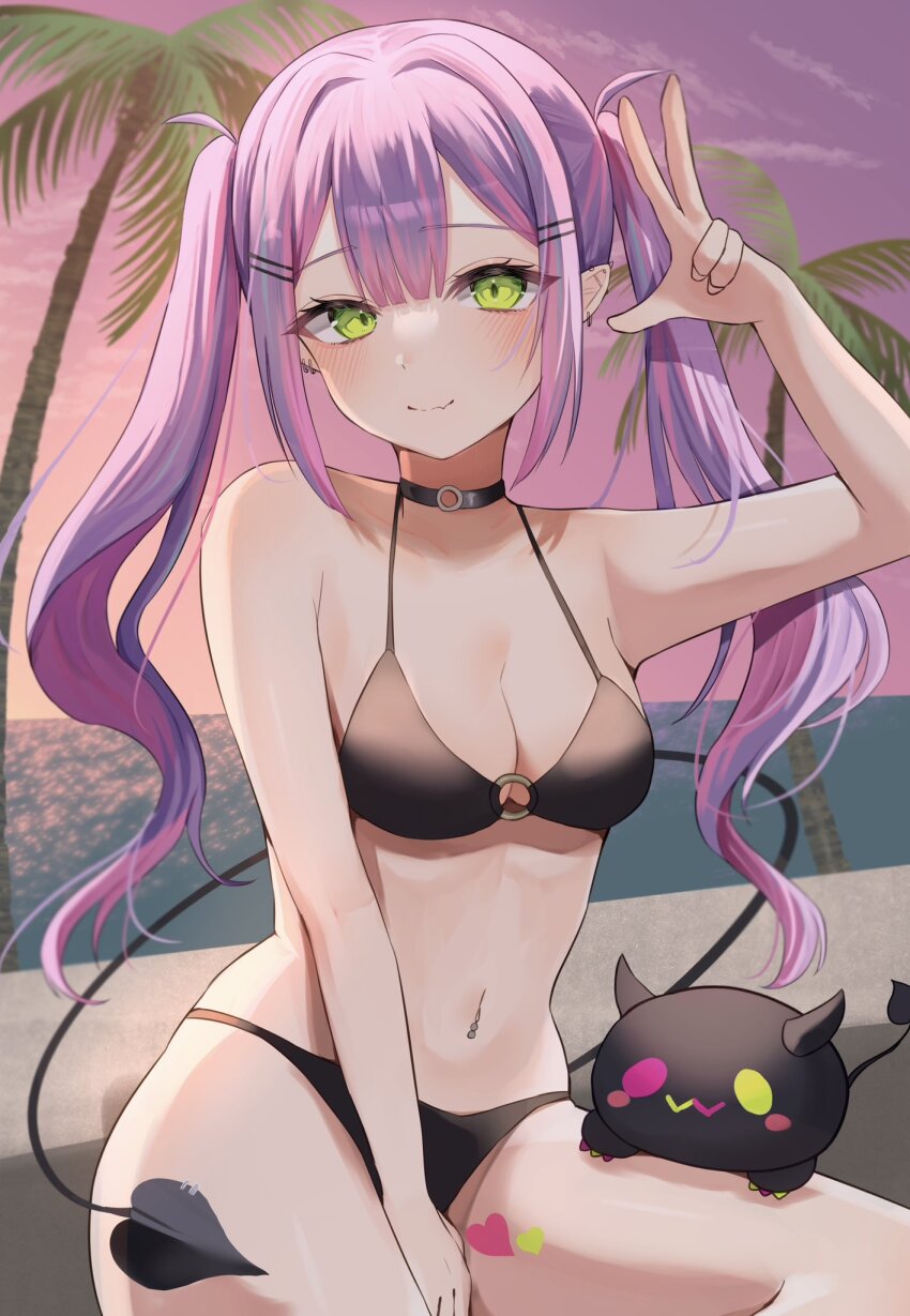 1girl, barbell_piercing, bibi_(tokoyami_towa), bikini, black_bikini, black_collar, blush, breasts, choker, closed_mouth, collar, demon_tail, ear_piercing, evening, fang, green_eyes, hair_ornament, hairclip, heart, heart_tattoo, highres, hololive, horizon, horns, leg_tattoo, long_hair, looking_at_viewer, medium_breasts, multicolored_hair, navel, navel_piercing, o-ring, o-ring_bikini, o-ring_choker, ocean, odashisan, outdoors, palm_tree, piercing, pink_hair, pink_sky, purple_hair, sitting, skin_fang, sky, smile, solo, stomach, streaked_hair, swimsuit, tail, tail_ornament, tail_piercing, tattoo, tokoyami_towa, tree, twintails, two-tone_hair, virtual_youtuber, w