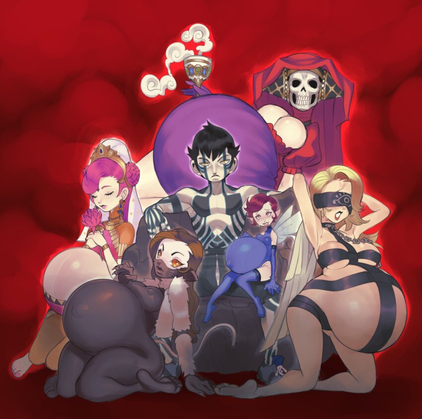 1boy, 5girls, angel_(megami_tensei), barefoot, big_belly, blindfold, body_markings, breasts, closed_eyes, cup, demi-fiend, fangs, harem, hellbrain, highres, holding, holding_cup, medium_breasts, monochrome, mother_harlot_(megami_tensei), multiple_girls, multiple_pregnancy, nail_polish, nekomata_(megami_tensei), parvati_(megami_tensei), pimp, pixie_(megami_tensei), pregnant, revealing_clothes, shin_megami_tensei, shin_megami_tensei_iii:_nocturne, sitting, skull, toenail_polish, toenails