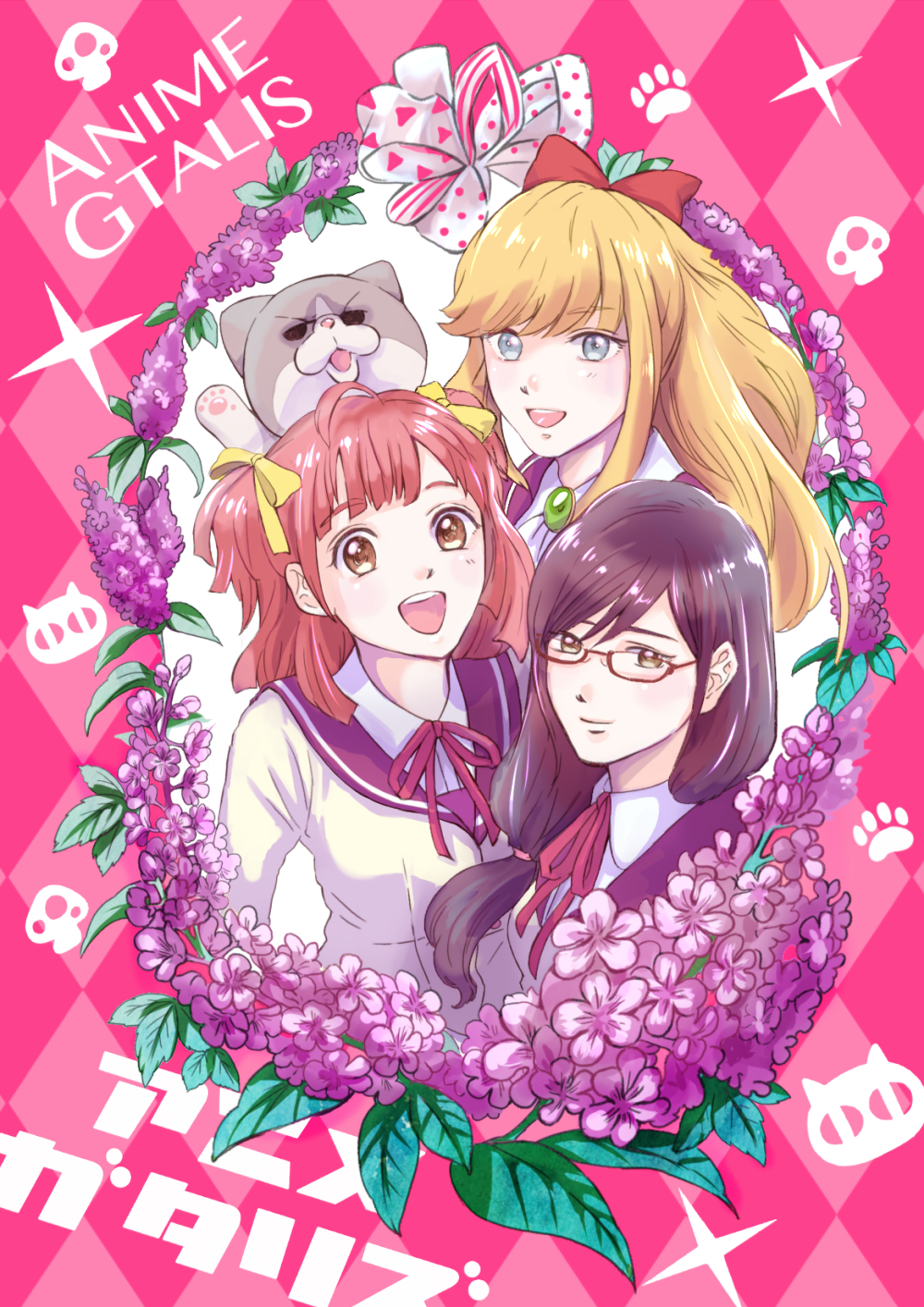 3girls, :d, anime-gataris, argyle_background, argyle_clothes, asagaya_minoa, black_hair, blonde_hair