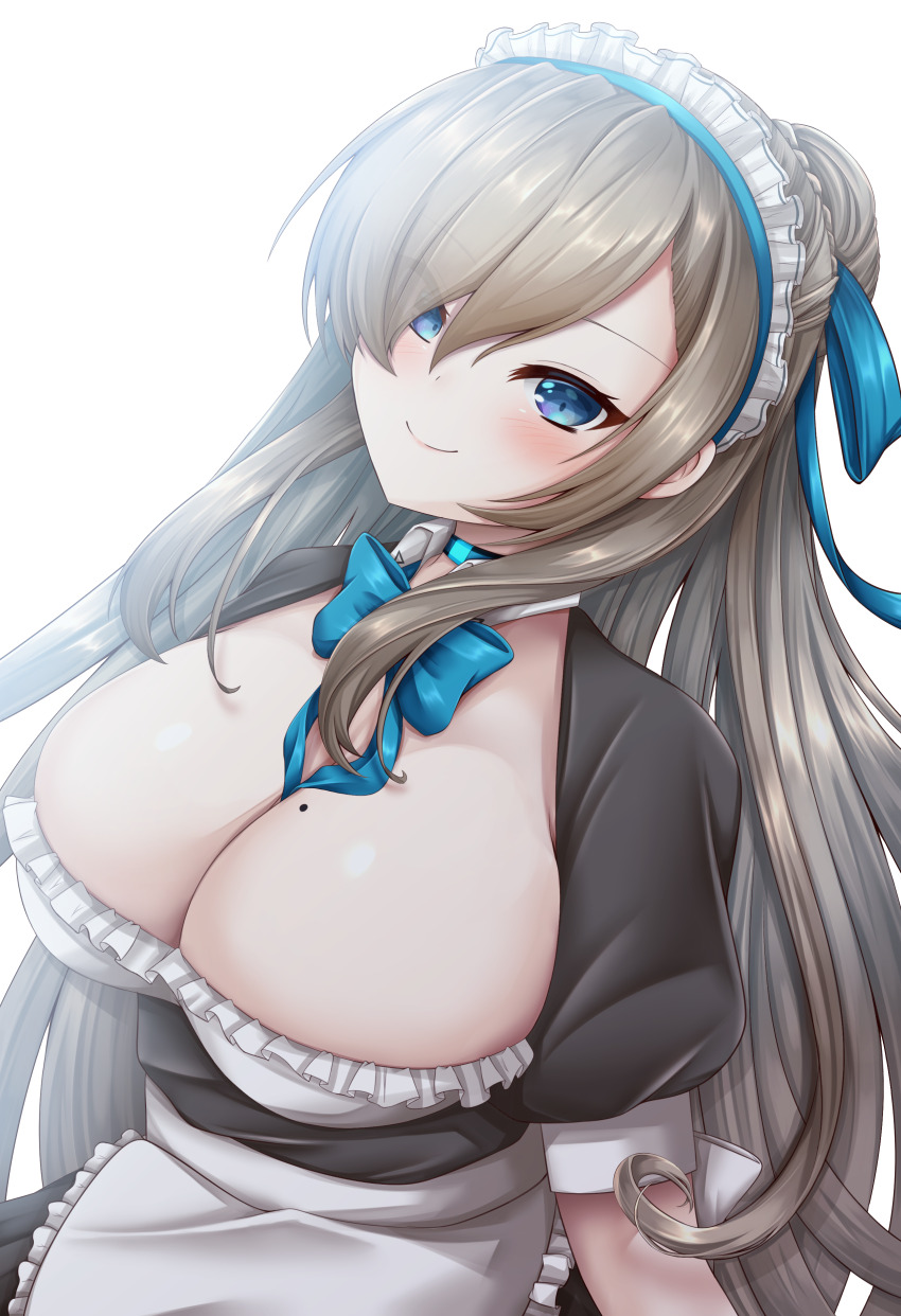 1girl, absurdres, alternate_costume, apron, asuna_(blue_archive), black_dress, bloom, blue_archive, blue_bow, blue_bowtie, blue_eyes, blue_ribbon, blush, bow, bowtie, breasts, brown_hair, cleavage, closed_mouth, commentary, dress, enmaided, eyelashes, eyes_visible_through_hair, floating_hair, frilled_apron, frills, hair_over_one_eye, hair_ribbon, highres, huge_breasts, long_hair, looking_at_viewer, maid, maid_apron, maid_headdress, mole, mole_on_breast, n_rinkoro, puffy_short_sleeves, puffy_sleeves, ribbon, short_sleeves, sidelocks, simple_background, smile, solo, tsurime, upper_body, very_long_hair, white_apron, white_background