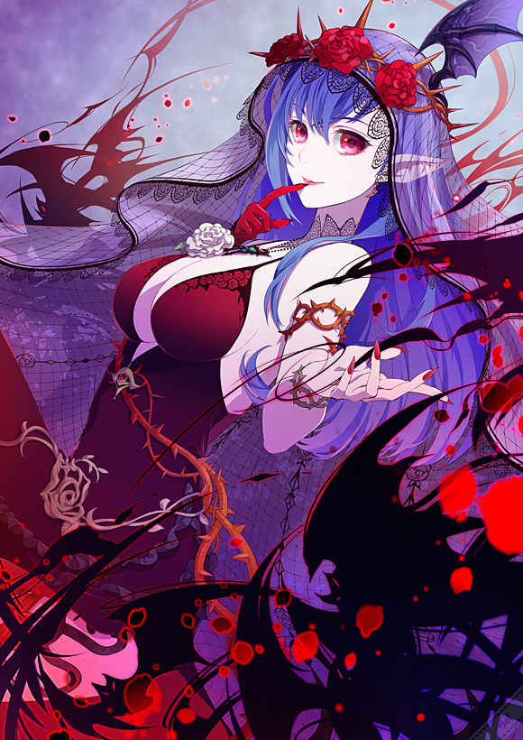 1girl, bat_(animal), blue_hair, breasts, cleavage, closed_mouth, del_depths, dress, flower, gloves, large_breasts, lipstick, long_hair, looking_at_viewer, makeup, maria_traydor, nail_polish, pointy_ears, red_eyes, red_flower, red_rose, rose, single_glove, smile, solo, star_ocean, star_ocean:_anamnesis, star_ocean:_till_the_end_of_time, thorns, vampire