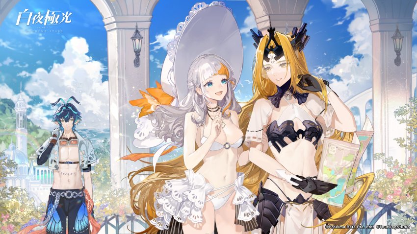 1boy, 2girls, abs, alchemy_stars, antenna_hair, armor, artist_request, bare_shoulders