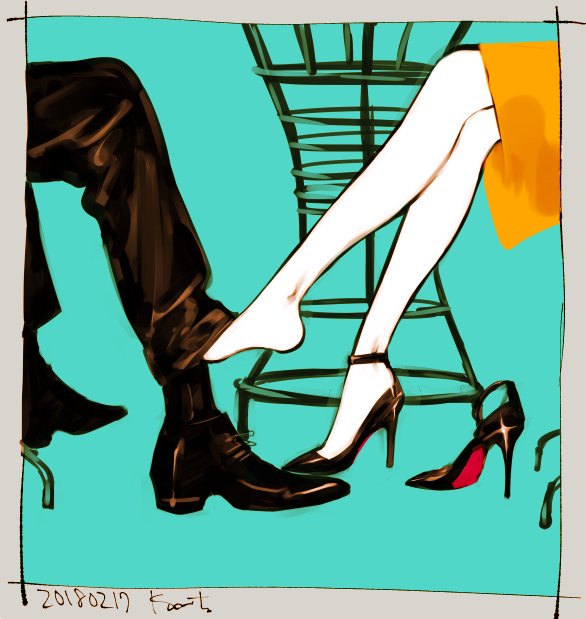 1boy, 1girl, alexander_(veil), barefoot, black_footwear, black_pants, black_socks, blue_background, commentary, crossed_legs, dated, emma_(veil), feet, high_heels, kotteri, legs, pants, rectangle, shoes, sitting, skirt, socks, strappy_heels, untranslatable_commentary, veil_(manga), yellow_skirt