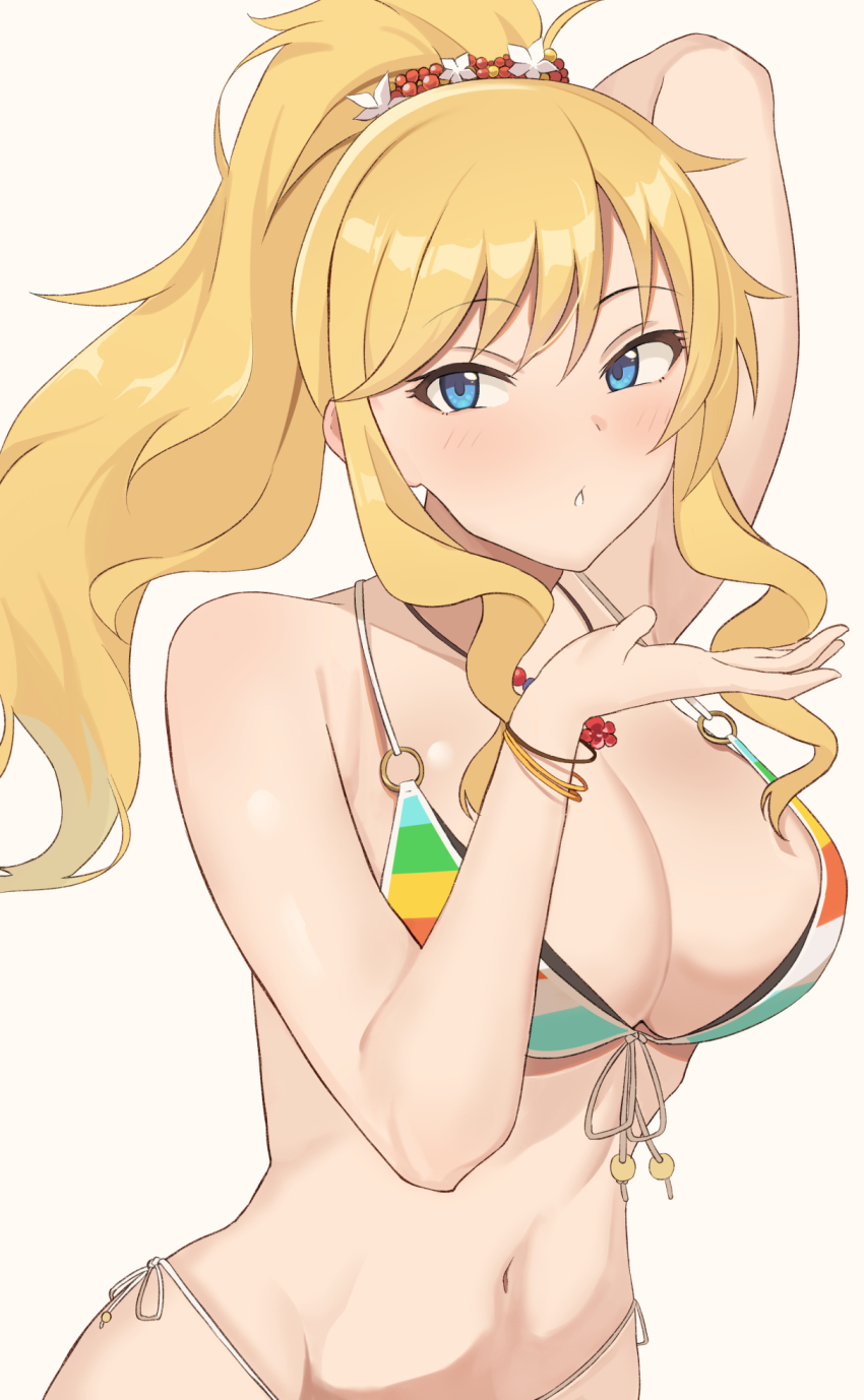 1girl, arm_behind_head, arm_up, bangle, bare_shoulders, bikini, blonde_hair, blowing_kiss