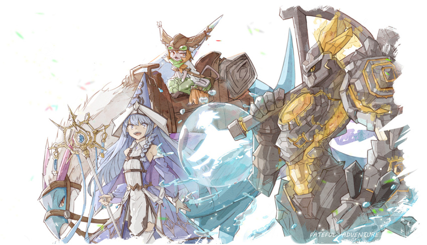 1girl, 2others, ambiguous_gender, axe, bare_shoulders, blue_eyes, blue_hair, braid, bubble, detached_sleeves, dracoback_the_rideable_dragon, dragon, dress, duel_monster, goggles, goggles_on_head, golem, helmet, holding, holding_axe, large_ears, long_hair, magicore_warrior_of_the_relics, multiple_others, open_mouth, pointy_ears, pointy_hair, purple_eyes, red_eyes, silhouette, smile, tamago_(xyxk3743), thighhighs, wandering_gryphon_rider, water_enchantress_of_the_temple, yu-gi-oh!