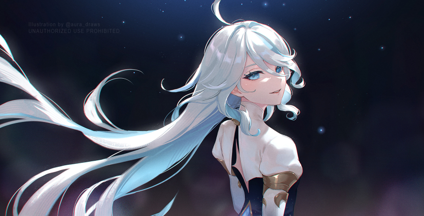 1girl, ahoge, aura_draws, blue_eyes, blue_hair, closed_mouth, cowlick, dress