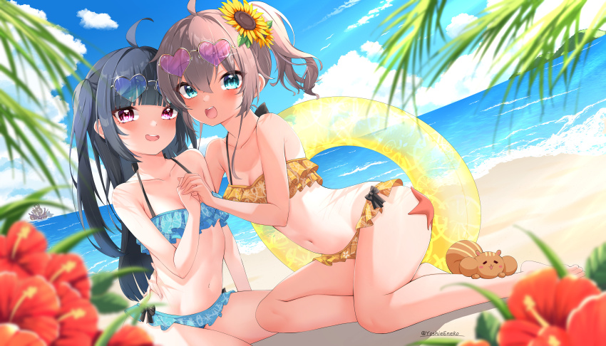 2girls, :d, absurdres, ahoge, aqua_eyes, arched_back, barefoot, beach, bikini, black_hair, blue-tinted_eyewear, blue_bikini, blunt_bangs, blush, breasts, brown_hair, chipmunk, collarbone, day, dutch_angle, eyewear_on_head, feet, floral_print, flower, frilled_bikini, frills, full_body, fuyuiro_(natsuiro_matsuri), hair_flower, hair_ornament, highres, holding_hands, hololive, legs, long_hair, looking_at_viewer, medium_hair, multiple_girls, natsuiro_matsuri, natsuiro_matsuri_(hololive_summer_2019), navel, official_alternate_costume, on_ground, one-piece_tan, one_side_up, open_mouth, outdoors, palm_tree, pink-tinted_eyewear, pink_eyes, print_bikini, red_flower, sidelocks, sitting, small_breasts, smile, squirrel, starfish, stomach, sunflower, sunflower_hair_ornament, swimsuit, tan, tanline, teeth, thighs, tinted_eyewear, toes, tree, twitter_username, upper_teeth_only, virtual_youtuber, yellow_bikini, yoshie_eneko