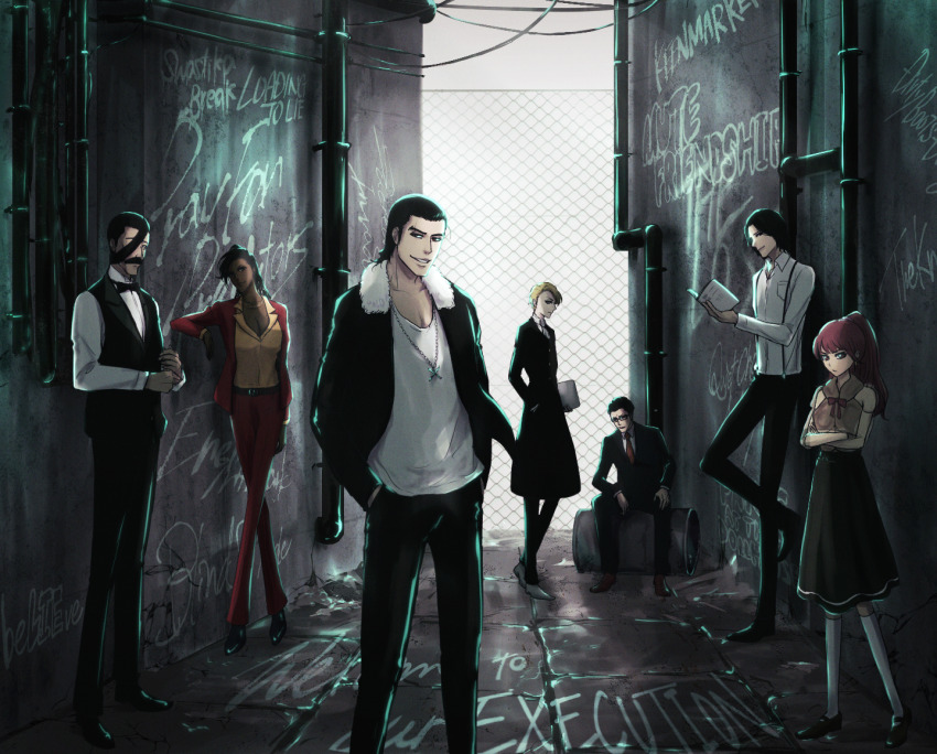 2girls, 5boys, alley, barrel, black_bow, black_bowtie, black_coat, black_hair