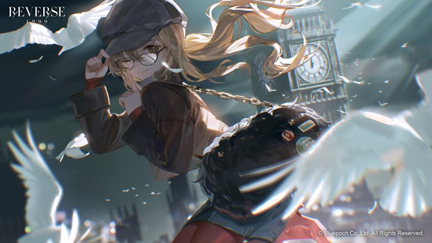 1girl, ;), adjusting_clothes, adjusting_headwear, backlighting, badge, bag, bird