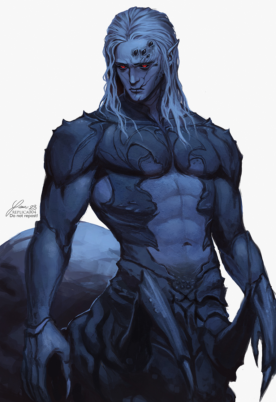 1boy, abs, arachne_boy, arthropod_boy, artist_name, baldur's_gate, baldur's_gate_3, black_sclera