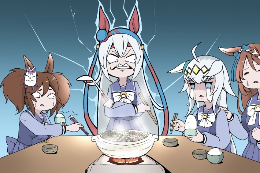4girls, ahoge, angry, animal_ears, aura, blue_background, blue_bow, blue_eyes, blue_hairband, bow, bowl, bowtie, braid, chopsticks, clenched_teeth, closed_eyes, commentary, crossed_arms, crying, crying_with_eyes_open, ear_bow, ear_covers, ear_ornament, ears_down, electricity, fire, fox_mask, furrowed_brow, gradient_background, grey_hair, hair_between_eyes, hair_ornament, hairband, hand_on_another's_shoulder, headband, holding, holding_bowl, holding_chopsticks, holding_ladle, horse_ears, horse_girl, horseshoe_ornament, hotpot, inari_one_(umamusume), ladle, lightning, long_hair, mask, multicolored_hair, multiple_girls, mushroom, nabe, oguri_cap_(umamusume), pleated_skirt, portable_stove, purple_sailor_collar, purple_shirt, purple_skirt, red_headband, rice, rice_bowl, sailor_collar, sailor_shirt, school_uniform, shiitake, shimeji_(mushroom), shirt, short_eyebrows, sideways_glance, sitting, skirt, steam, streaming_tears, striped_clothes, striped_hairband, super_creek_(umamusume), sweatdrop, table, tamamo_cross_(umamusume), tears, teeth, tracen_school_uniform, triangle_mouth, twintails, two-tone_hair, umamusume, v-shaped_eyebrows, verta_(verlaine), waist_bow, white_bow, white_bowtie, winter_uniform, yellow_hairband