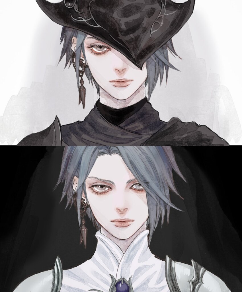 1girl, androgynous, black_background, black_headwear, ear_piercing, earrings, expressionless, final_fantasy