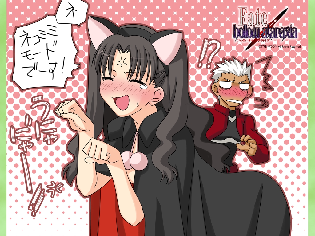 1boy, 1girl, animal_ears, archer_(fate), cape, cat_ears, cosplay, crossover, dark-skinned_male, dark_skin, fake_animal_ears, fate/hollow_ataraxia, fate/stay_night, fate_(series), hazuki_(tsukuyomi), hazuki_(tsukuyomi)_(cosplay), kemonomimi_mode, len_(cosplay), len_(tsukihime), naked_cape, nekomimi_mode_(tsukuyomi), parody, tohsaka_rin, tsukuyomi_moonphase, two_side_up