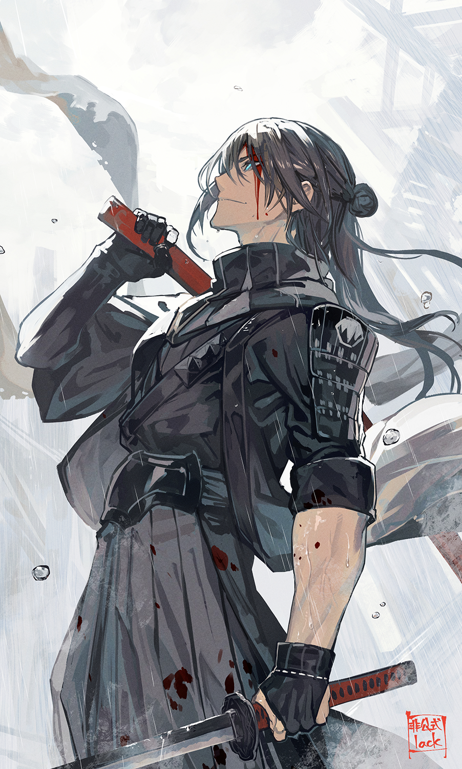 1boy, armor, black_gloves, black_hair, black_hakama, black_kimono, blood, blood_on_clothes, blood_on_face, blue_eyes, commentary_request, from_side, gloves, hakama, haori, highres, holding, holding_sword, holding_weapon, japanese_armor, japanese_clothes, katana, kimono, lack, long_hair, looking_afar, looking_up, magoroku_kanemoto_(touken_ranbu), samurai, scabbard, sheath, shoulder_armor, signature, sleeves_rolled_up, sode, solo, standing, sword, touken_ranbu, water_drop, weapon