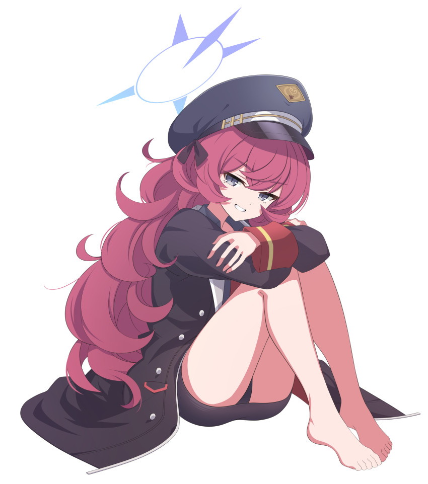 1girl, akizawa, ass, barefoot, black_coat, black_hat, black_panties, black_shirt, black_skirt, blue_archive, blue_halo, coat, collared_shirt, full_body, grey_eyes, grin, halo, hat, highres, iroha_(blue_archive), long_hair, long_sleeves, looking_at_viewer, panties, peaked_cap, red_hair, shirt, simple_background, skirt, smile, solo, toes, underwear, white_background