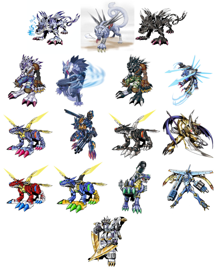 ancientgarurumon, armor, cresgarurumon, digimon, digimon_(creature), dual_wielding, garurumon, garurumon_(black), garurumon_x-antibody, gun, highres, holding, magnagarurumon, metalgarurumon, metalgarurumon_(black), metalgarurumon_(red), metalgarurumon_(story_climax_anniversary_ver.), metalgarurumon_x-antibody, official_art, simple_background, third-party_edit, weapon, weregarurumon, weregarurumon_(black), weregarurumon_sagittarius_mode, weregarurumon_x-antibody, white_background, wolf, z'dgarurumon