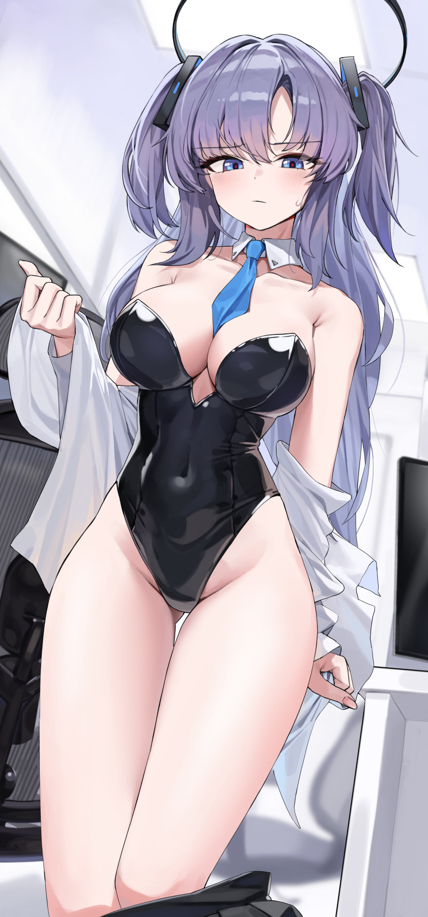 1girl, absurdres, alternate_costume, bare_shoulders, between_breasts, black_leotard, blue_archive, blue_eyes