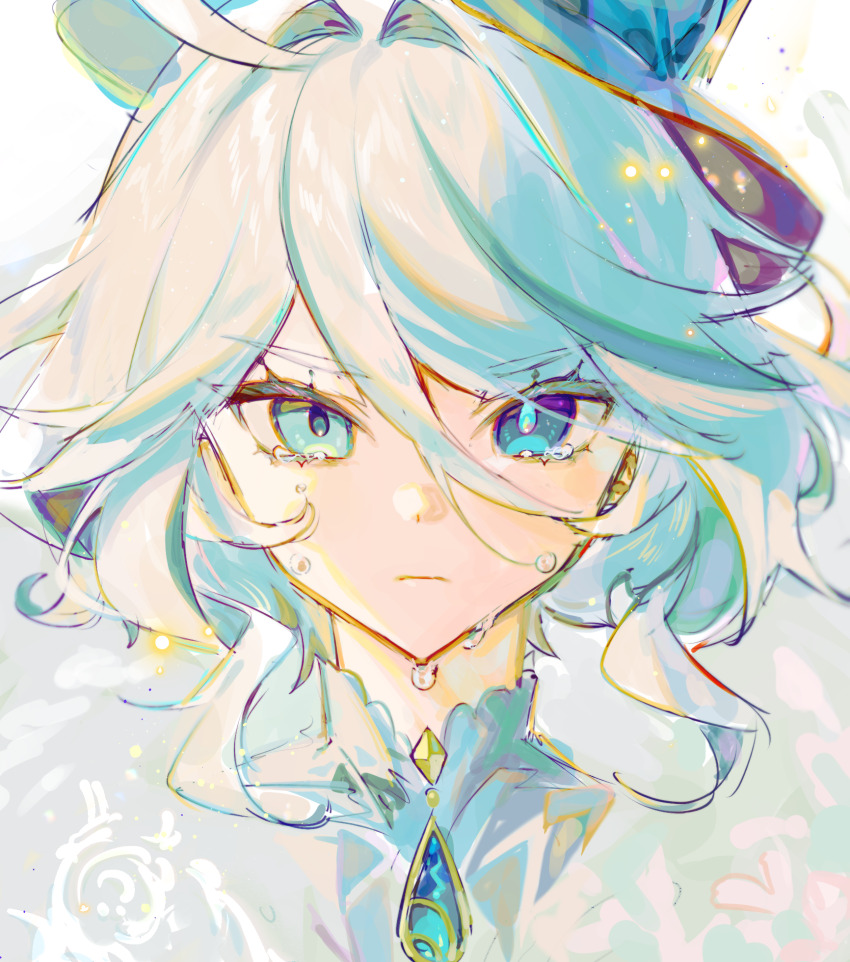 1girl, ahoge, blue_eyes, blue_hair, brooch, closed_mouth, commentary_request, cowlick