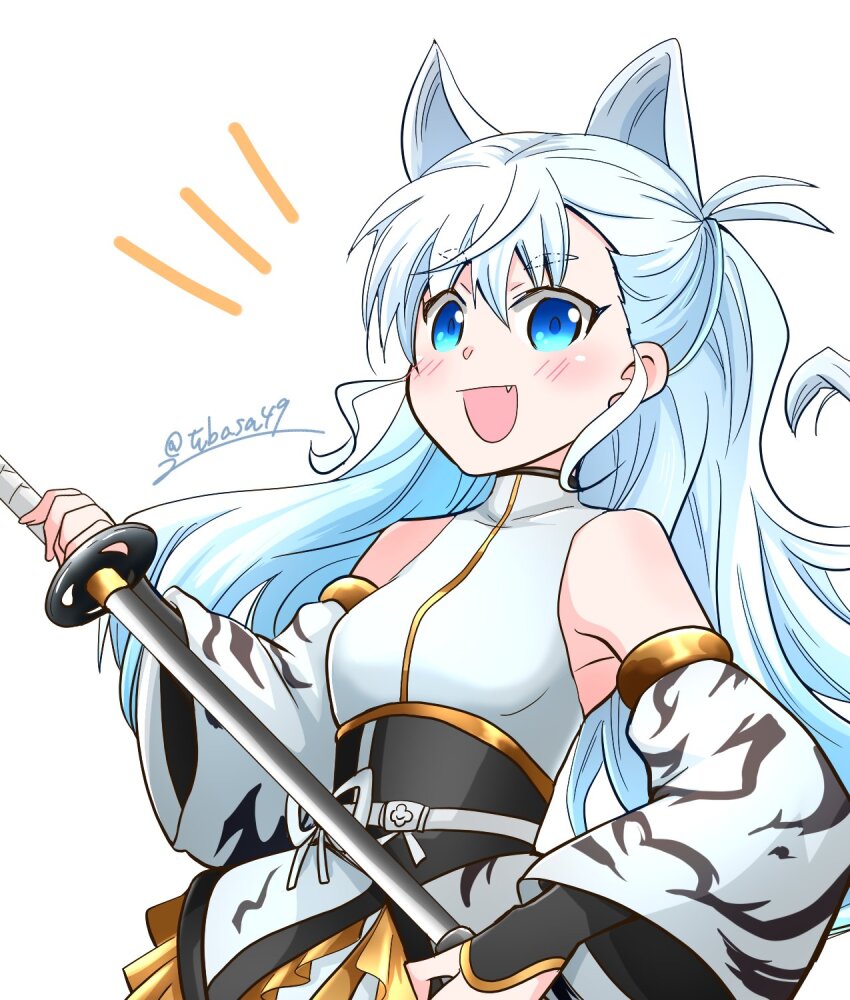 1girl, animal_ears, arm_warmers, blue_eyes, cat_ears, commentary_request, detached_sleeves, fang, highres, holding, holding_sword, holding_weapon, long_hair, notice_lines, obi, open_mouth, sash, sidelocks, sleeveless, smile, solo, sword, tachi_(weapon), tenka_hyakken, toragoze_no_tachi, tubasa49, twitter_username, upper_body, weapon, white_background, white_hair