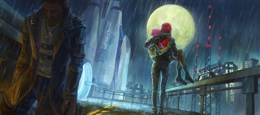 1boy, 2girls, black_coat, black_footwear, black_jacket, black_pants, boots, brown_hair