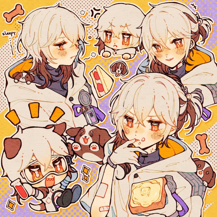 1other, androgynous, animal_ears, blush, bread, bread_slice, brown_hair, chibi