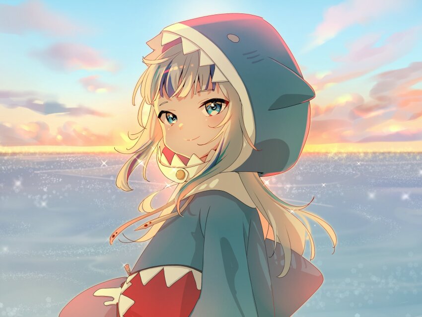 1girl, animal_costume, animal_hood, blue_eyes, blue_hair, blue_hoodie, blue_sky, blush