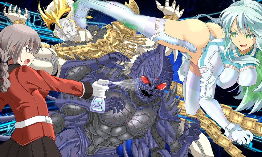 2boys, 2girls, ass, breasts, commission, elbow_gloves, fate/grand_order, fate_(series), florence_nightingale_(fate), gloves, green_eyes, highres, kamen_rider, kamen_rider_amazon_(series), kamen_rider_amazon_neo, kamen_rider_kuuga_(series), kicking, kukulkan_(fate), looking_at_another, medium_breasts, monster, multiple_boys, multiple_girls, n-daguva-zeba, open_mouth, pixiv_commission, red_eyes, shimouki_izui, tokusatsu, white_gloves