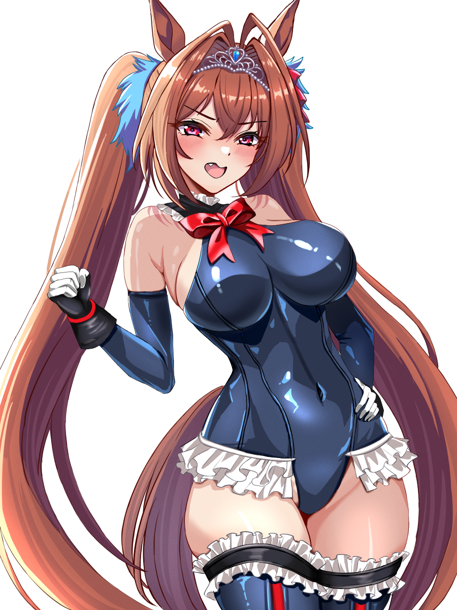 1girl, alternate_costume, animal_ears, antenna_hair, bare_shoulders, blue_gloves, blue_leotard, blue_thighhighs, blush, bow, clenched_hand, commentary_request, cosplay, cowboy_shot, daiwa_scarlet_(umamusume), dead_or_alive, elbow_gloves, fang, frilled_leotard, frilled_thighhighs, frills, gloves, hair_between_eyes, hair_bow, hair_intakes, hair_ornament, hand_on_own_hip, highleg, highleg_leotard, highres, horse_ears, horse_girl, horse_tail, leotard, long_hair, marie_rose, marie_rose_(cosplay), open_mouth, red_bow, red_eyes, red_hair, simple_background, solo, tail, thighhighs, tiara, tsukiyuki_mike, twintails, two-tone_gloves, umamusume, very_long_hair, white_background, white_gloves