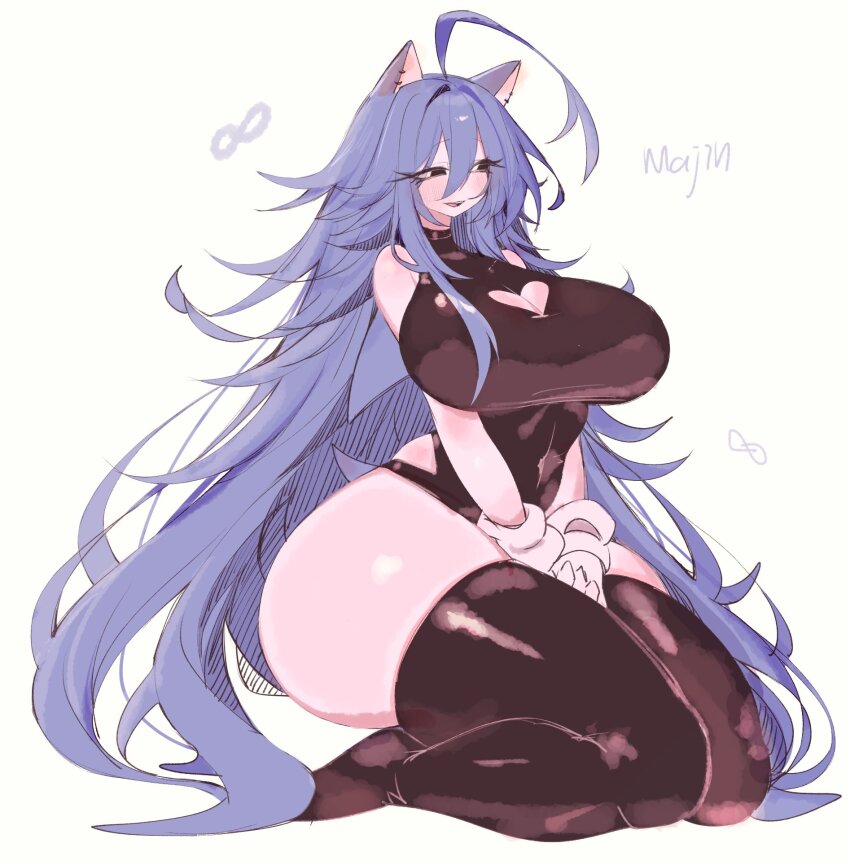 1girl, ahoge, animal_ears, black_eyes, black_thighhighs, blue_hair, blush, breasts, cleavage, cleavage_cutout, clothing_cutout, gloves, heart_cutout, hedgehog_girl, highres, huge_breasts, kneeling, leotard, long_hair, majin_(sonic.exe), navel, short_tail, smile, sonic.exe, sonic_(series), tail, thick_thighs, thighhighs, thighs, usa37107692, very_long_hair, white_gloves, wide_hips