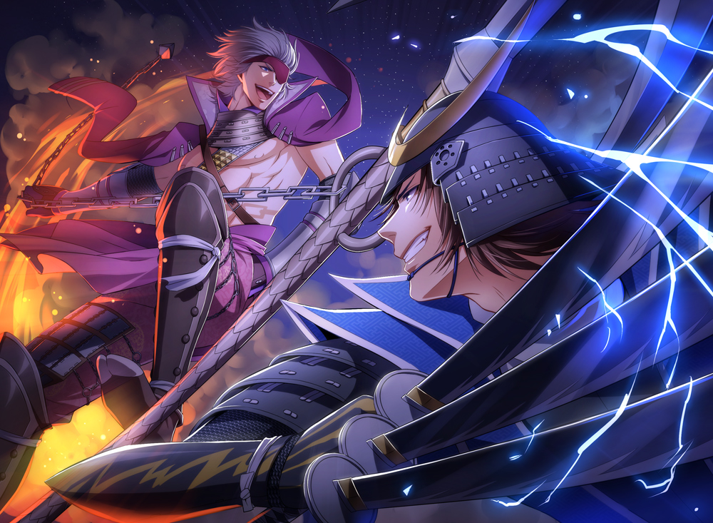 2boys, anchor, armor, battle, brown_eyes, brown_hair, chain, chosokabe_motochika_(sengoku_basara), chousokabe_motochika_(sengoku_basara), date_masamune_(sengoku_basara), electricity, epic, eyepatch, fire, katana, kuren, lightning, male_focus, multiple_boys, night, polearm, samurai, sengoku_basara, silver_hair, smile, sword, teeth, triple_wielding, weapon