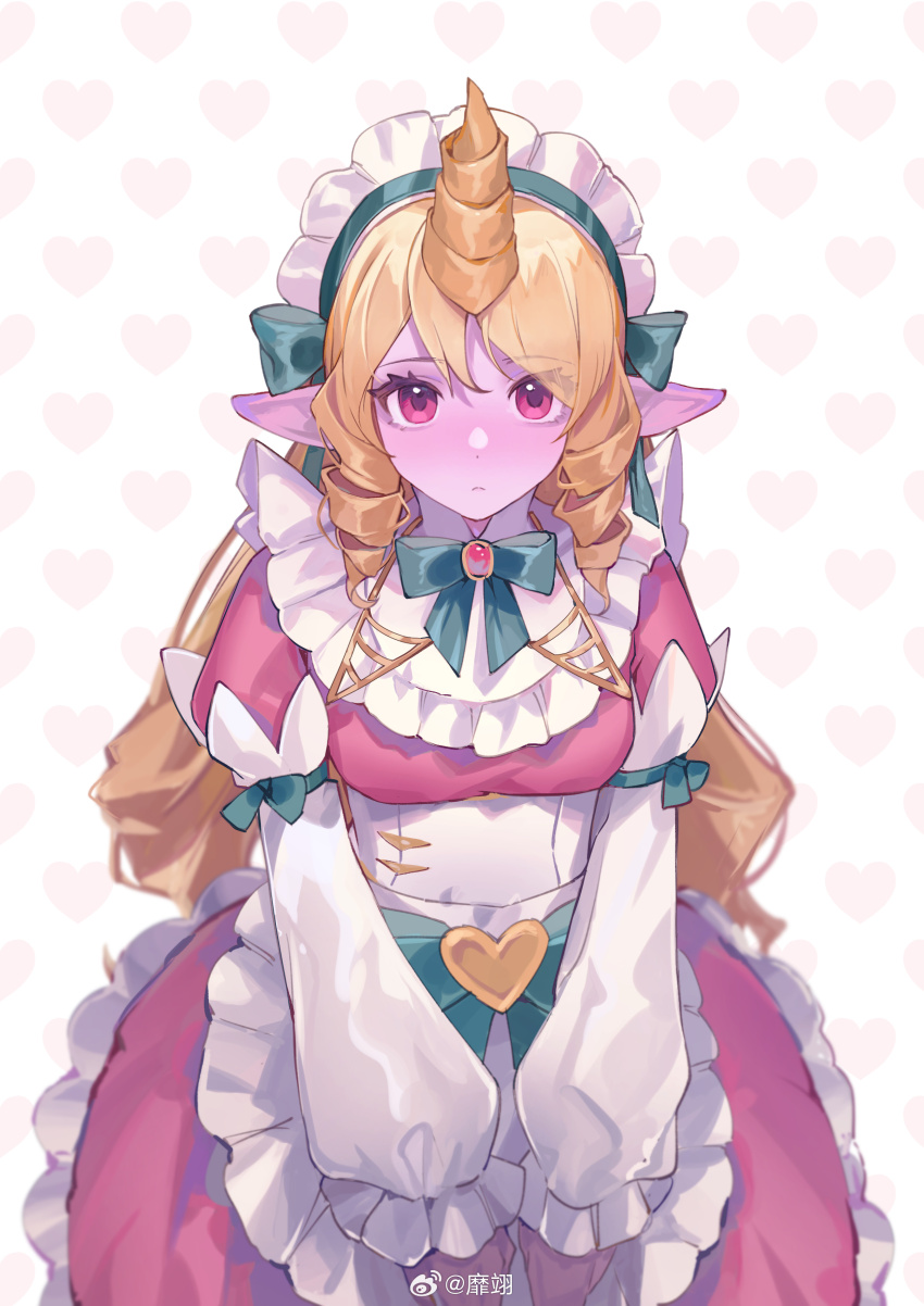 1girl, absurdres, apron, artist_name, blonde_hair, blush, cafe_cuties_soraka, closed_mouth