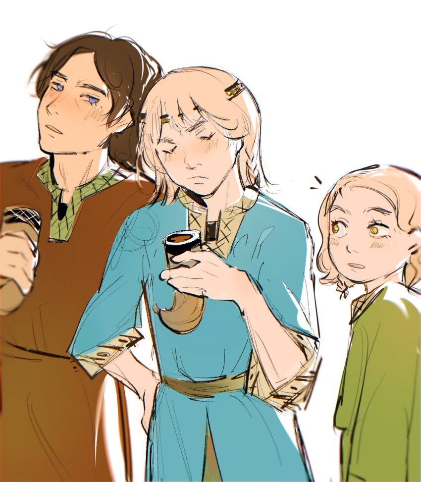 1girl, 2boys, belt, blonde_hair, blue_eyes, brown_hair, canute, canutie