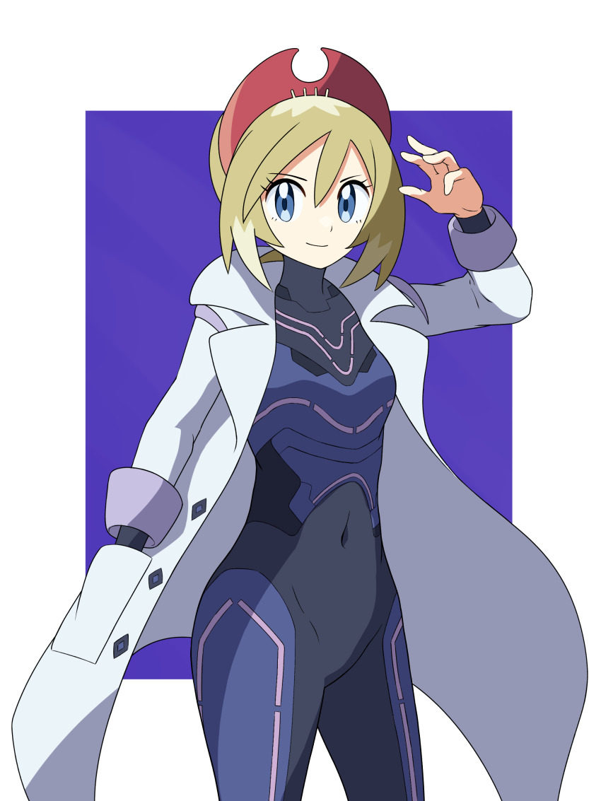 1girl, absurdres, blonde_hair, blue_eyes, bodysuit, border, closed_mouth, coat