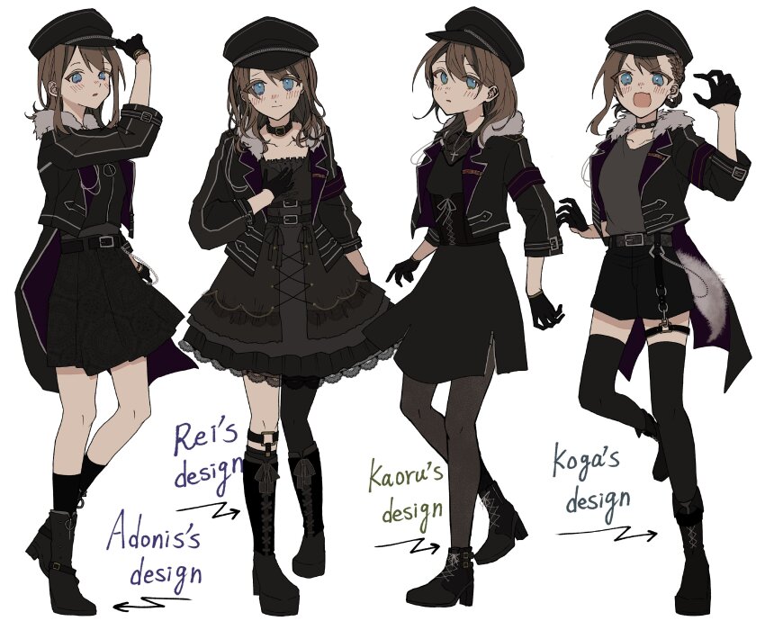1girl, 46kuma_mattya, absurdres, anzu_(ensemble_stars!), black_dress, black_gloves, black_headwear, black_jacket, black_shorts, black_skirt, blue_eyes, blush, brown_hair, character_name, cosplay, dress, ensemble_stars!, gloves, hakaze_kaoru, hakaze_kaoru_(cosplay), highres, jacket, looking_at_viewer, medium_hair, ogami_koga, ogami_koga_(cosplay), otogari_adonis, otogari_adonis_(cosplay), sakuma_rei_(ensemble_stars!), sakuma_rei_(ensemble_stars!)_(cosplay), shorts, skirt, solo, white_background