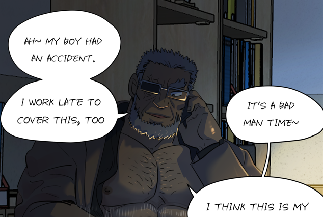 1boy, bara, bare_pectorals, beard, calling, cellphone, chest_hair, dark-skinned_male