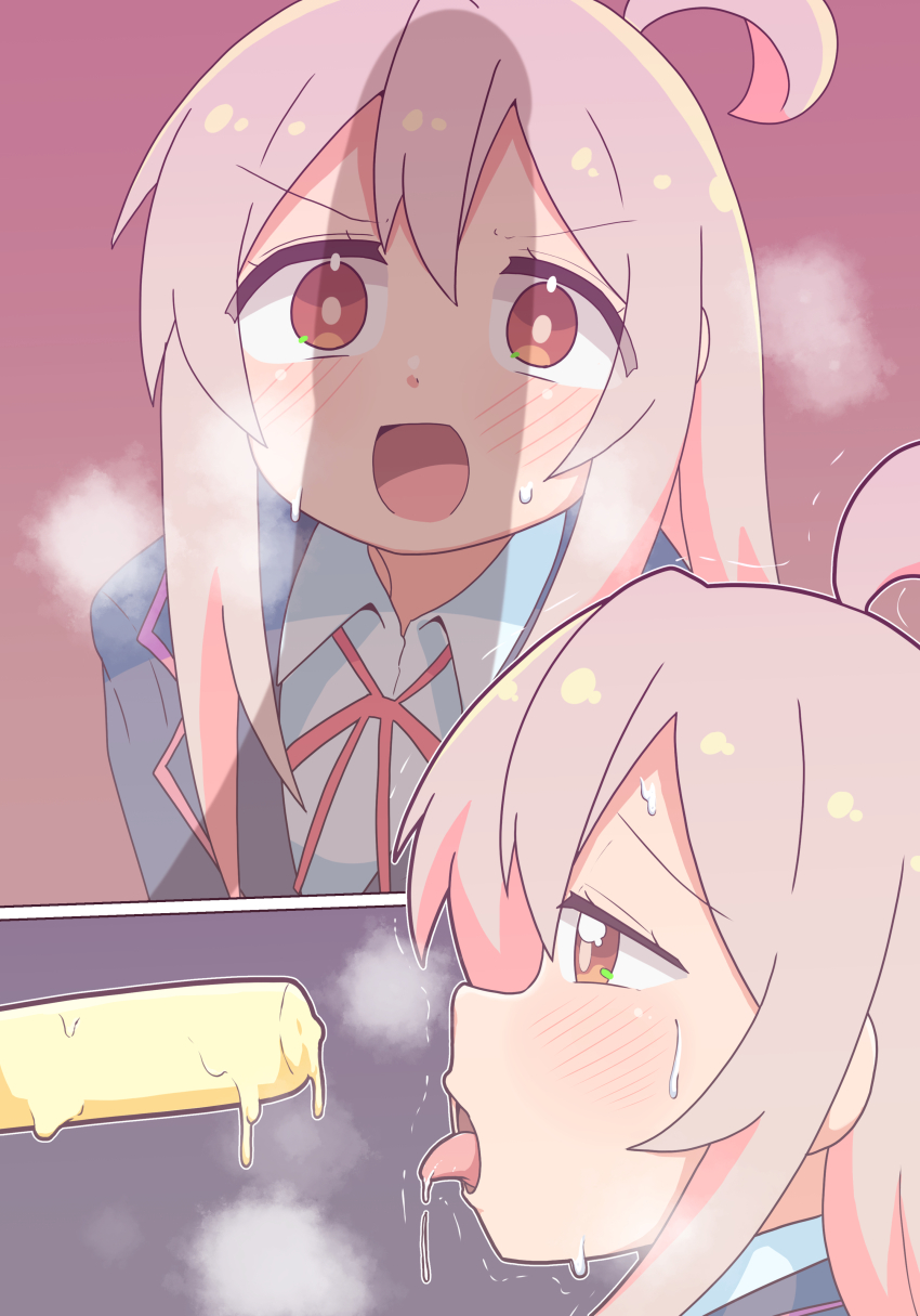 1girl, absurdres, ahoge, blue_jacket, blush, food, genderswap, genderswap_(mtf), highres, jacket, long_hair, namari_siro, neck_ribbon, onii-chan_wa_oshimai!, open_mouth, orange_eyes, oyama_mahiro, phallic_symbol, pink_hair, popsicle, ribbon, school_uniform, sexually_suggestive, shadow, shirt, solo, sweatdrop, tongue, tongue_out, white_shirt