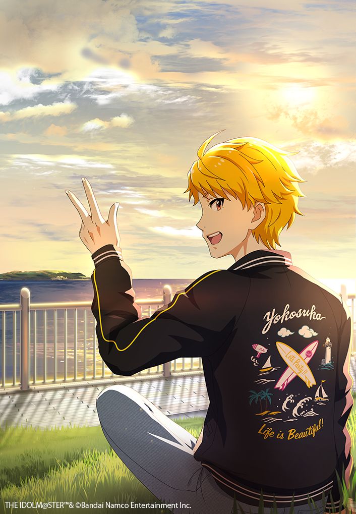 1boy, ahoge, blonde_hair, cloud, copyright_name, grass, idolmaster, idolmaster_side-m