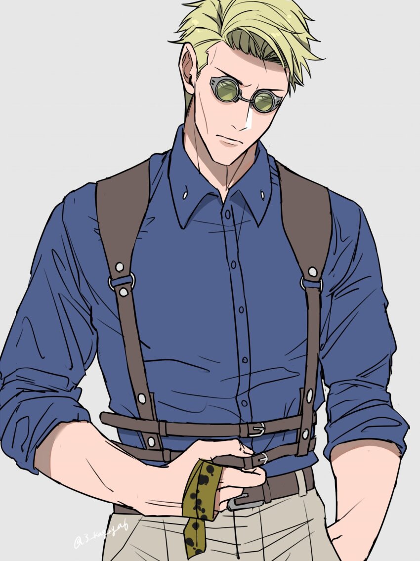 1boy, animal_print, back_holster, belt, blonde_hair, blue_shirt, brown_belt, collared_shirt