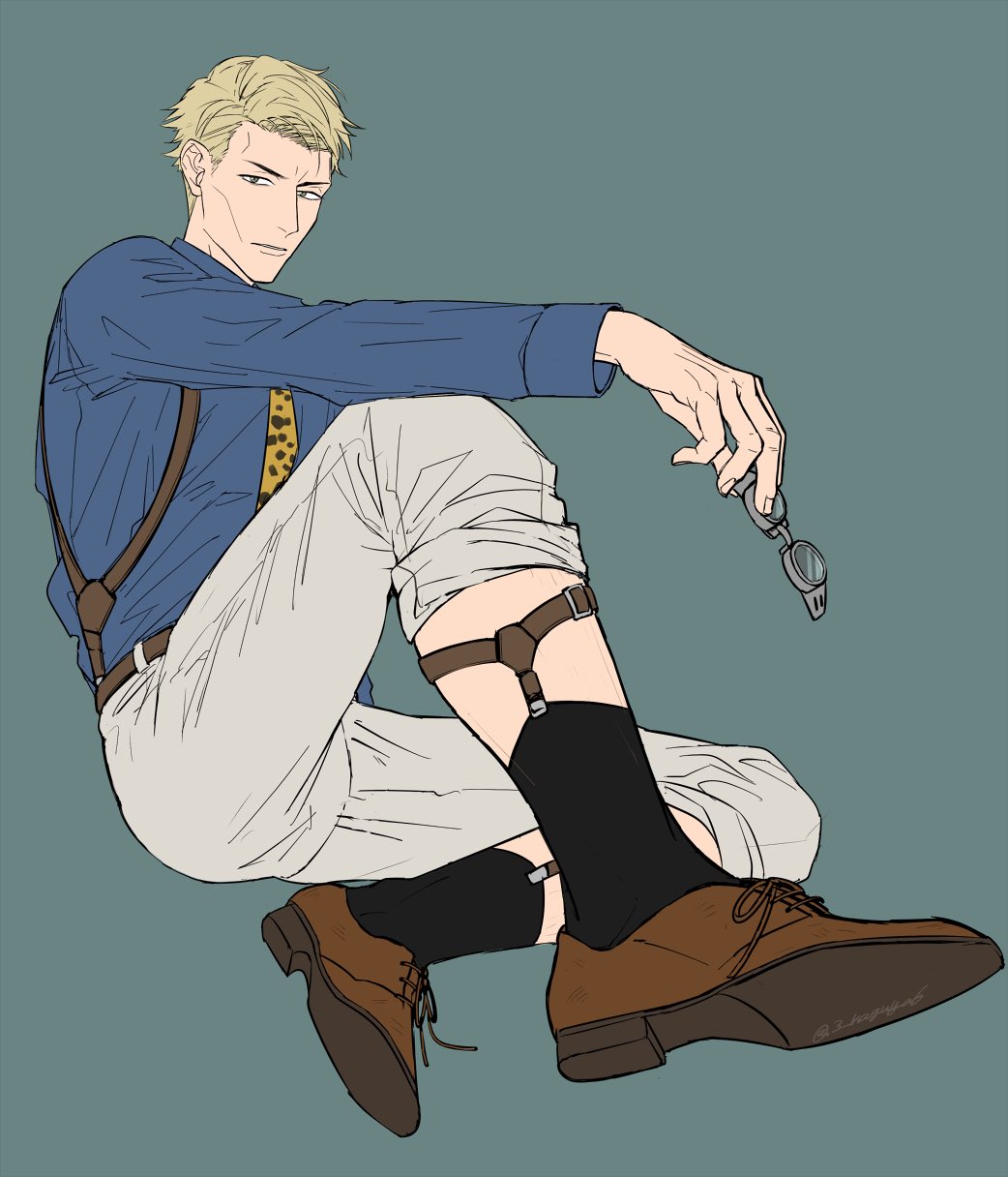 1boy, animal_print, black_socks, blonde_hair, blue_shirt, brown_eyes, brown_footwear, collared_shirt