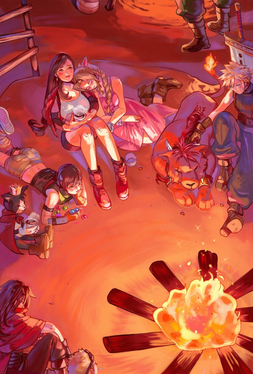 3girls, 6+boys, aerith_gainsborough, barret_wallace, black_hair, blonde_hair, borrowed_clothes, brown_hair, buster_sword, cait_sith_(final_fantasy), campfire, cape, cid_highwind, cloak, cloud_strife, commentary, cosmo_canyon, crown, dress, english_commentary, final_fantasy, final_fantasy_vii, fire, goggles, goggles_on_head, hair_over_shoulder, highres, jacket, leaning_on_person, maridoodles, materia, multiple_boys, multiple_girls, pink_dress, red_cape, red_cloak, red_hair, red_jacket, red_xiii, short_shorts, shorts, sitting, spiked_hair, tifa_lockhart, vincent_valentine, yuffie_kisaragi